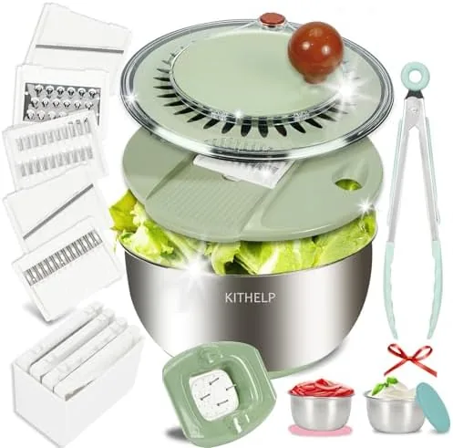 kithelp stainless steel salad spinner large vegetables fruits wash bowl with strainer lettuce spinner dryer with 5 blades slicer egg yolk strainer shredder for efficient salad preparation 53qt