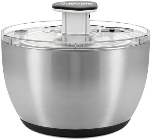 ourokhome 63 qt stainless steel salad spinner large lettuce spinner with one hand press pump brake button non slip base and retractable handle vegetable washer dryer for greens fruits and herb